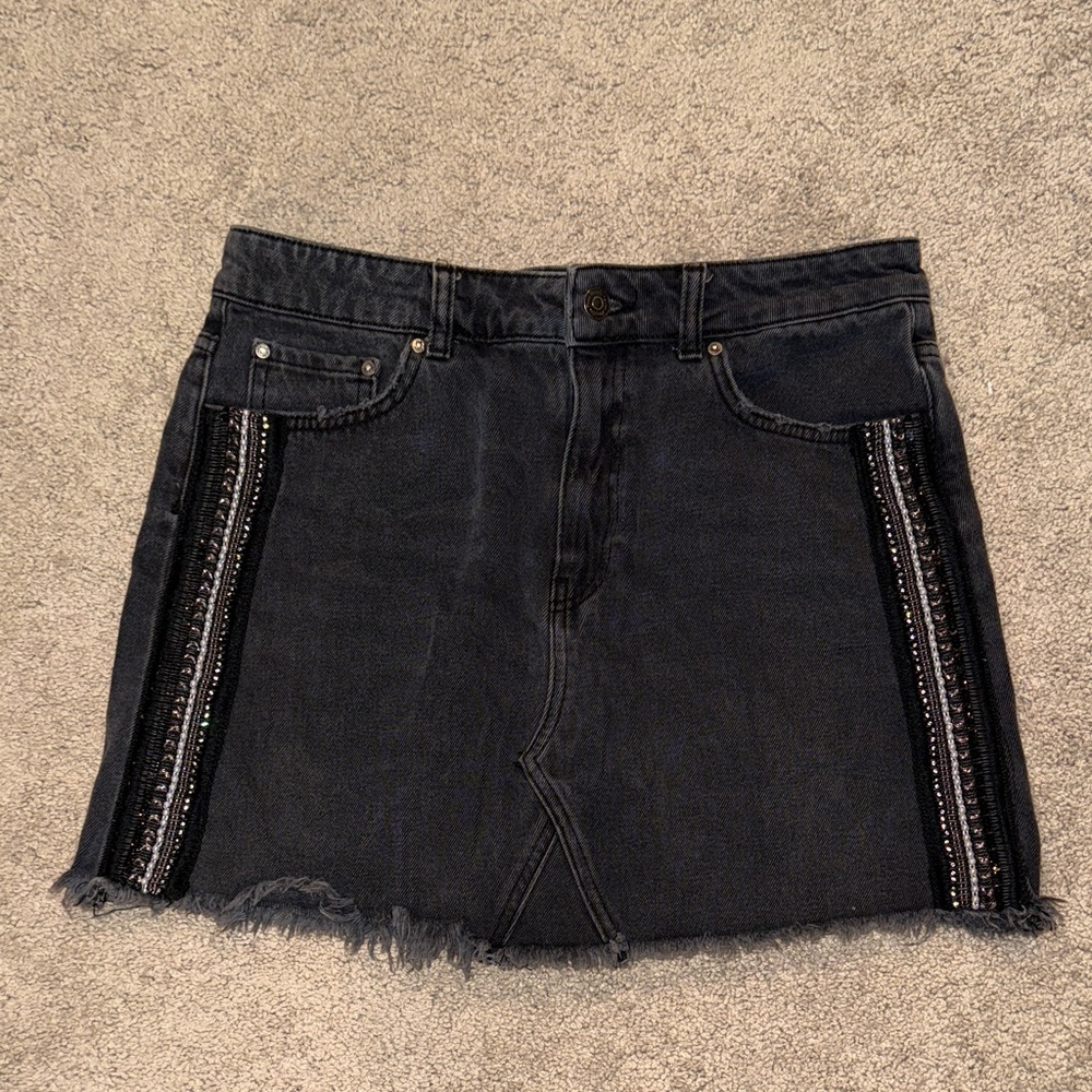Free People Black Denim Mini Skirt with Embellished Stripes